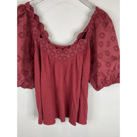 La Vie Rebecca Taylor Womens Blouse Top Small Red Eyelet Puff Sleeve Boho Retro - Picture 4 of 14